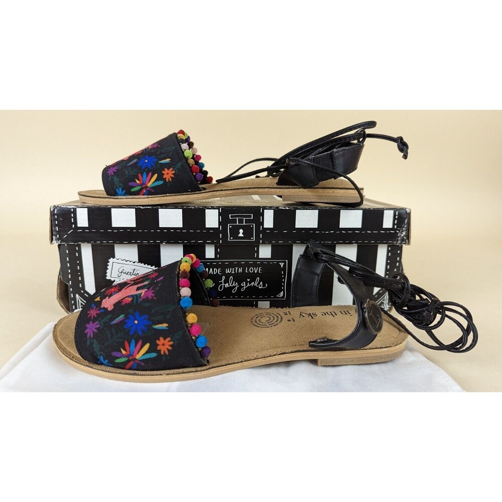 Loly in the sky Luciana Sandals Womens 8 Black Tie Up Strap Pom Pom Shoes NWB - Picture 3 of 14